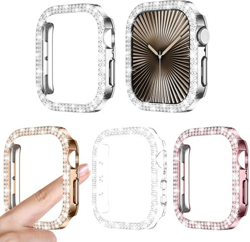 Kamita [4Stück] Diamant Hülle Kompatibel mit Apple Watch 10 42mm, Glitzer Hart PC Bumper Case Ohne Displayschutzfolie für iWatch10, Stoßfest Glitzerhüll für Frauen Mädchen (Klar+Silber+Roségold+Rosa)