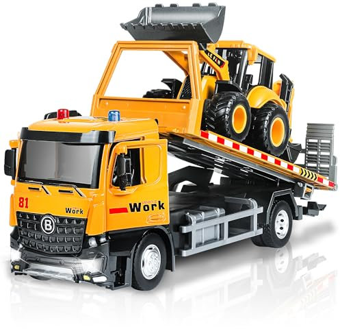 FUYLEY Camioncino Giocattolo, Camioncino in Metallo con Cabina Piatta per Ragazzi dai 3 ai 7 Anni conTerna, Veicoli da Costruzione con Rimorchio a Frizione con Luci e Suoni