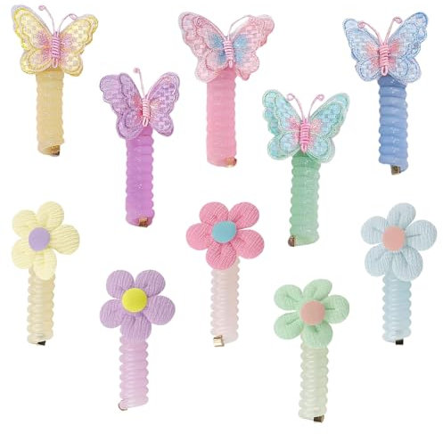 10 Stück Spirale Haargummi für Mädchen, Telefondraht mit Süßen Blumen, Kinder Haargummis in Zwei Modellen, Mehrere Farben