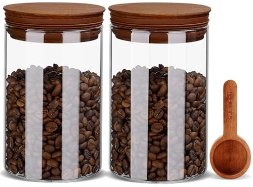 BOILMERIT Tea Coffee Sugar Canisters with Scoop and Wooden Lids, 800ml Airtight Storage Container Set of 2 for Ground Coffee, Kitchen Glass Jar for Cafe Beans, Bar Organizer