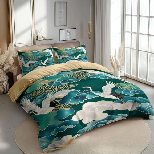 CozyRest Beige Gelb Bettwäsche 135 x 200 cm 3 teilig Kinder Bettbezug mit Reißverschluss, Japanische weiße Kraniche und Wolken Muster Wendebettwäsche Set Wendedesign und Kissenbezug