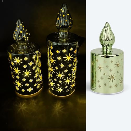3er Set LED-Kerzen aus Glas mit Sternen, Lichterkette und 6-Stunden Timerfunktion - Deko für Herbst, Winter und Weihnachten (Grün)