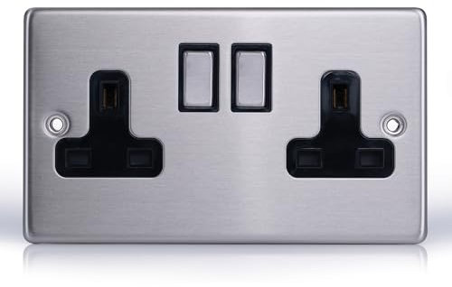 Status Stainless Steel Double Switched Power Plug Wall Socket, 13 Amp, 2 Gang, Wall Socket, Screw Through, Pack of 1 (SSS2G13ASWS8)