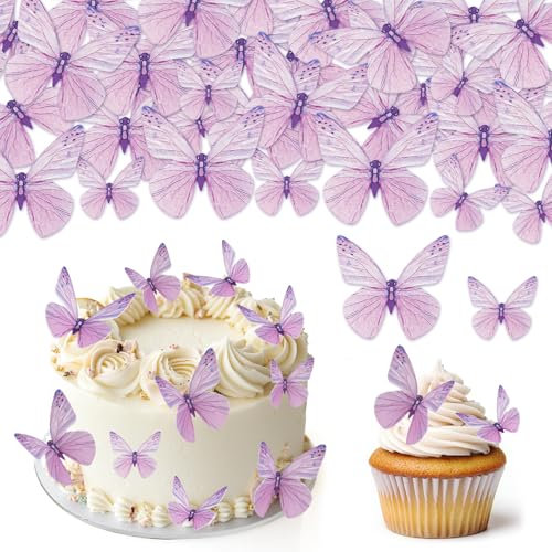 Suofuolef 72 Stück Schmetterlinge Tortendeko Essbar, Lila 3D Kuchen Deko, Essbare Cupcake Deko für Hochzeit, Geburtstag, Jubiläum