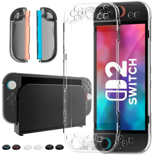Tixlux Funda Protectora para Nintendo Switch 2 (2025), Carcasa Transparente de PC, Cubiertas Joy-con y 6 Grips para Pulgar, Antigolpes y Protección Completa Compatible con Switch Dock