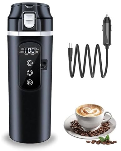Car Kettle 12V/24V Kettle for Car, Travel Kettle Car with Cigarette Lighte and LCD Display Adjustable Temperature, Automatic switch off, 500ml Electric Heating Cup for Cars and Trucks
