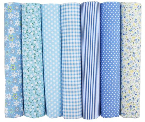 YSUY 7PCS Fat Quarters Fabric Bundles, 20x20 Precut Quilting Cotton for Sewing, Patchwork, DIY Crafts & Embroidery, Soft, Durable Material for Sewing (Blue)