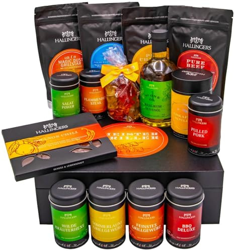 Hallingers Genuss Manufaktur Feinkost Geschenk-Set - XXL-Geschenkkorb Meistergriller großes Grillparty-Mitbringsel Gewürz, Olivenöl, Rub, Schoki, Eistee & mehr, Geschenkidee für Männer Freund