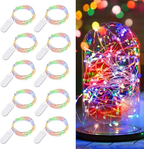 Koboko Micro LED Lichterkette mit Batterie, 10 Stk 2M 20LED Kupferdraht Lichterkette Innen, Bunt Lichterketten Batteriebetrieben, Dekorative Lichter für Garten, Hochzeit, Silvester, Weihnachten Innen