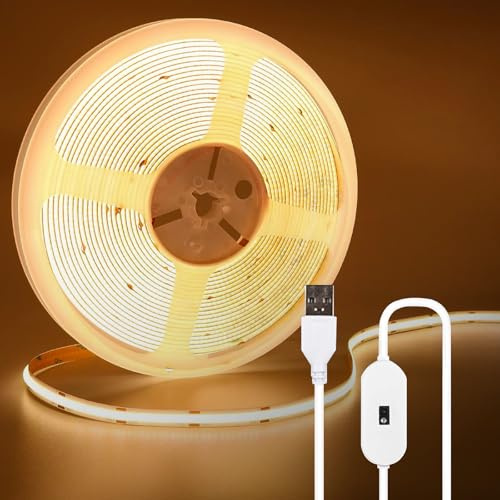 LQMK Tira de luz LED USB de 1 m COB – Blanco cálido 3000 K regulable Interruptor de sensor de barrido manual de 5 V Luz de cinta flexible – Luz de fondo de TV Cocina debajo del gabinete Decoración de