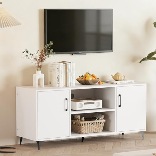 Ansley&HosHo TV Cabinet, Modern 120cm TV Stand with 2 Doors, Media Console Table for up to 60 Inch, Wood Media Entertainment Center for Living Room Bedroom (White)