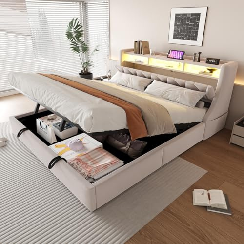 Sweiko Lit rembourré 180 x 200 cm, sommier hydraulique avec Prise électrique et Compartiment de Rangement, Pieds de lit allongés, Tissu Velours,Beige