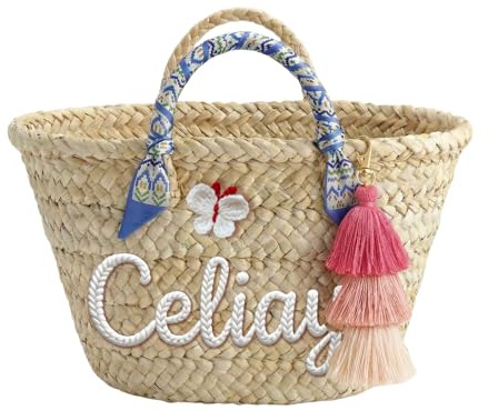 NGTSFLY Panier Plage Personnalisé,Paille Femme pour l'Été Vacances | Personnalisé avec Prénom Tressé à la Main Style Bohème-Chic Essentiel de Plage Idée Cadeau Unique