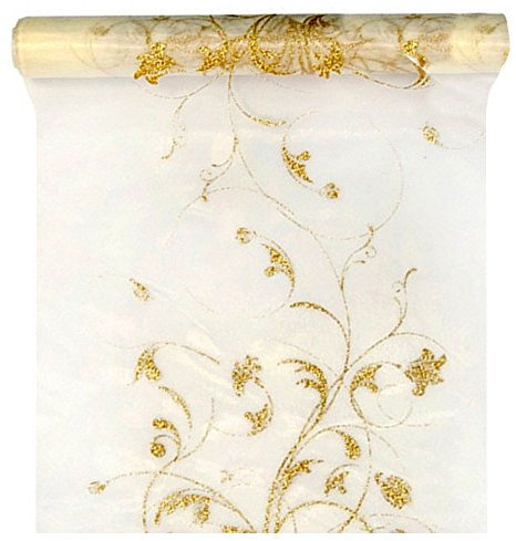 Tischläufer Organza 9m x 36cm Blumenmuster creme gold Tischband halbtransparent für Hochzeit oder Weihnachten