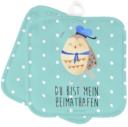 Mr. & Mrs. Panda Topflappen Eule Matrose - Geschenk, Boot Fahren, Seefahrer, Topflappen mit Spruch, Topfhandschuh, Ofenhandschuh, Ofenhandschuhe,