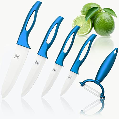 Moss and Stone Ensemble de couteaux en céramique et éplucheur à fruits antirouille et résistant aux taches, couteau de cuisine de chef avec joli coffret cadeau (5 pièces) bleu