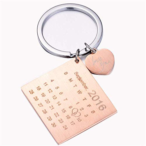 Personalised Custom Engraved Calendar Date Engraved Stainless Steel Keyring & Keychain Memorial Wedding Gift (Heart Rose Gold)