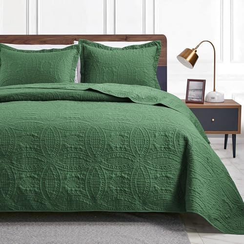 Love's Cabin Bettwäsche-Set für King-Size-Betten, olivgrün, weiche Sommer-Tagesdecke, Steppdecke, moderner Stil, Münzmuster, Decke für alle Jahreszeiten, 3-teilig (1 Steppdecke, 2 Kissenbezüge)
