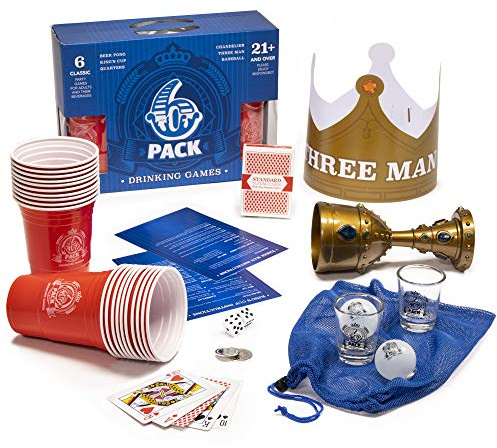 6-Pack College Party Games Set in Hilarious Novelty Case Packaging - Six Portable Classics for Party Play, 21st Birthday, & Fun – Pong, King's Cup, Quarters, Chandelier, & Baseball