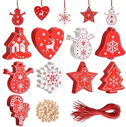 36 Stück Holz Weihnachten Deko Weihnachten Holz Anhänger Weihnachstbaum Schmuck Natürlicher Christbaum-Behang für Weihnachtskalender Verzierung (Rot und Weiß)