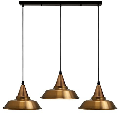 LEDSone Vintage Metal 3 Head Light Industrial Pendant Metal Shade, Hanging Ceiling Light E27 Holder Fitting with 50cm Ceiling Plate, Yellow Brass