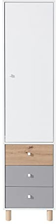Furniture24 Regalschrank Faro FR4: 45/190/37 Schrank 1 Türiger mit 3 Schubladen Halbschrank, Weiß/Artisan Eiche/Grau