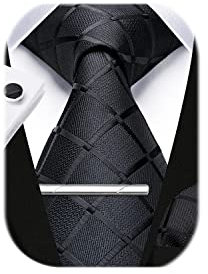 HISDERN hommes noir Plaid cravate et pochette ensemble mouchoir bouton de manchette pince à cravate ensemble formel fête de mariage