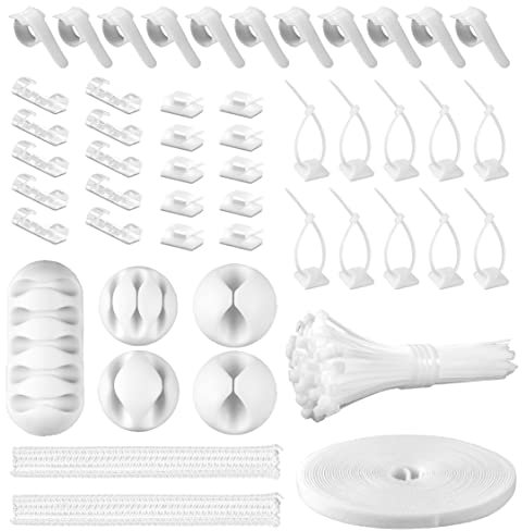 Kit Organizador de gestión de Cables, 2 Fundas de Cable divididas con 41 Soportes autoadhesivos para Cables, 10 Piezas y 2 Rollos de Bridas Autoadhesivas y 100 Bridas de sujeción para TV, Oficina,