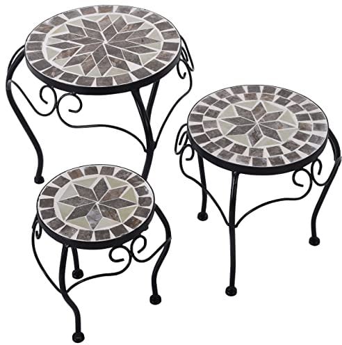 Raburg 3er-Set Mosaik-Blumenhocker Mayla in Blau-Grau-Mint, rund, stabiles Metallgestell, 20/25/30 cm Durchmesser, 25/30,5/35 cm hoch, für Garten, Balkon & Terrasse