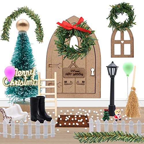 VEGCOO 20 Stück Wichteltür Zubehör Weihnachten, Weihnachtselfe Zubehör mit Holztür, Zaun, Leiter, Weihnachtselfe Tür Set für Jungen und Mädchen