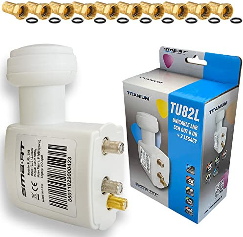 HB-DIGITAL Universal Unicable LNB 2 SCR 2 Legacy für bis zu 10 Teilnehmer (8 Unicable & 2 Direkt), LTE-Abschirmung, ausziehbar, 1080p Full HD 4K UHD + 10 vergoldete F-Stecker