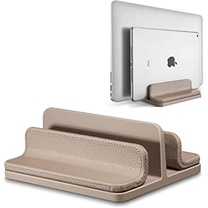 CoStySee Vertikaler Laptop-Ständer aus Leder, doppelter Laptop-Halter, Laptop-Organizer mit verstellbarem Dock (18–26 mm) für alle MacBook/Tablet/Oberfläche/Dell/iPad (Aprikose)