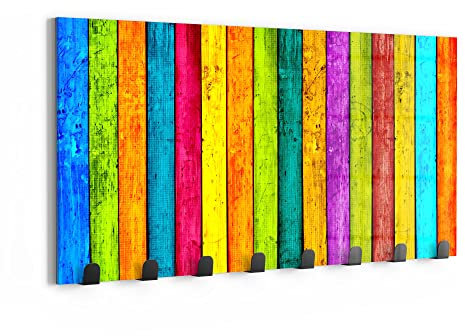 DEQORI Wandgarderobe Glas & Metall | Motiv Farbige Bretterwand | 60x30 cm | Design Haken-Leiste modern | Garderoben-Paneel für Flur, Wohnzimmer & Schlafzimmer | magnetisch & beschreibbar