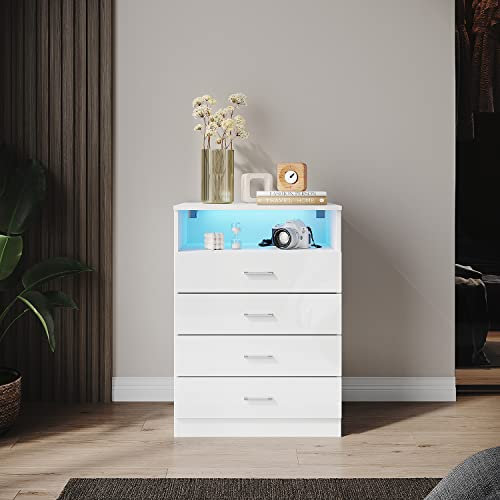 SONNI Kommode mit Vier Schubladen,Einer ferngesteuerten LED-Leuchte, die in 12 Farben einstellbar ist. Die Kommode hat eine weiße UV-High-Gloss-Oberfläche und misst 600mm(B) x 400mm(T) x 830mm(H).