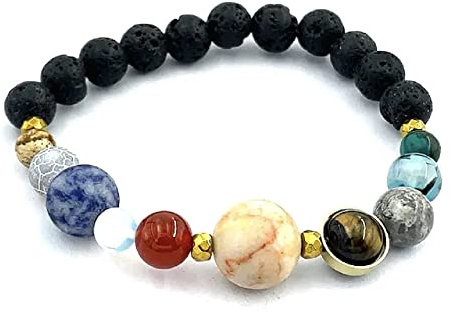 Handgefertigtes Lava Stein Armband mit Planeten Sonnensystem aus echten Edelsteinen in Geschenkbox | Glück Kraft Energie