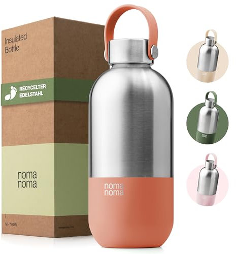 noma noma Trinkflasche Edelstahl Kohlensäure geeignet - Thermosflasche 1l, 750ml, 500ml - auslaufsicher, BPA-frei & klimaneutral (1l Peach Orange)