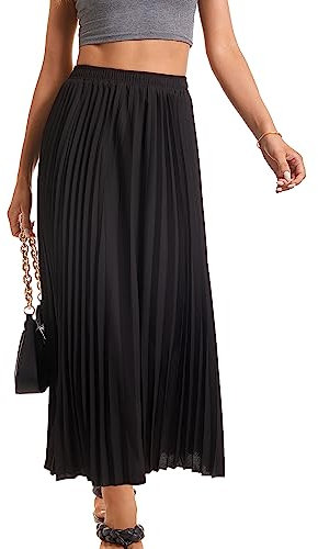 TEERFU Womens Elastic High Waist Flowy Pleated Skirt Chiffon Swing A-line Beach Maxi Skirt Black