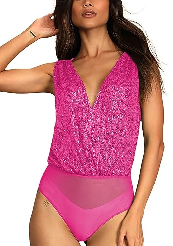 ticticlily Body Femme Les Sequins Paillettes Perles Bodys à Manches Longues Dos Nu Bodysuit Élégant Sexy Collant Léotard Haut Top Slim Fit Costume Combishort à sans Manches Jumpsuit Combinaison