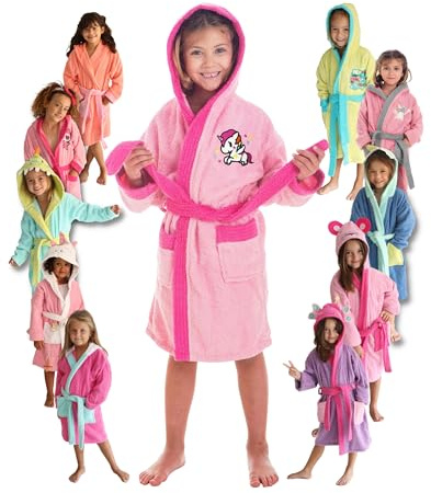 LEBENGOOD - Accappatoio da bambina, 100% cotone OEKO-TEX®, 2 tasche, cintura, cappuccio, morbido con ricami, Liocorno (Unicorn), 2-4 anni