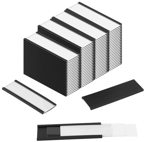 Juwacoo 100 Stück Magnetische Etikettenhalter, 76x25mm Magnetetiketten Magnetschilder zum Beschriften, Magnet Etiketten mit 200 Papierkarten und Kunststoffschutzfolie, Magnetic Labels für Metallregal