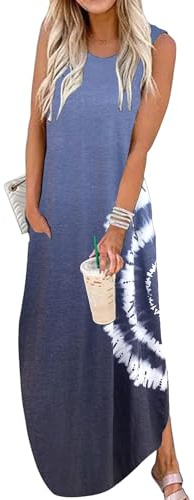 Cuptacc Kleider Damen Sommer Knielang Rundhals Ärmellos Tie-Dye Kleid mit Taschen Tie-Dye Blau Lila,3XL 50