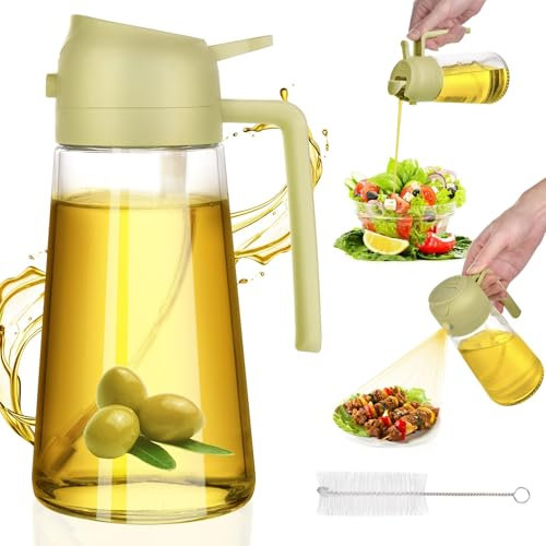 HUAERSICO Pulverizador Aceite Spray 2 en 1 470ml - Dispensador Aceite de Vidrio con Cepillo de Aceite y Cepillo - Diseño Antigoteo Spray Aceite de Limpieza para Caliente para Barbacoa, Cocina