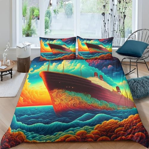 PACUM Titanic 3D Bettwäsche Bettbezug Set,Microfaser,für Jungen Mädchen Persönlichkeit Pattern Psychedelic Bettbezug Mit Reißverschluss Und Kissenbezug 3 Teilig Double(200x200cm)