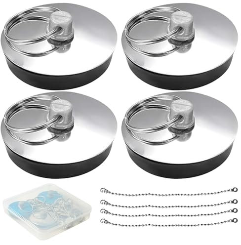 FINEASY 4 Piezas Tapones Lavabo, Tapon Fregadero Cocina, Tapon Bañera Universal con Cadena de Bolas de Metal, Diámetro de 33-37 mm, para Cocina, baño, Lavabo