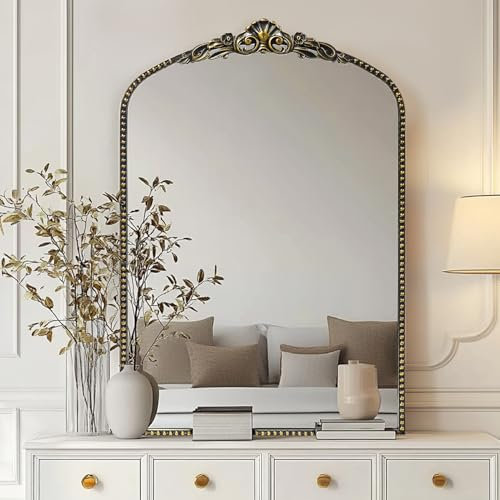 G-LEAF Vintage Barockspiegel 61 x 91 cm, gewölbter Kaminspiegel, viktorianischer antiker Spiegel, Bauernhausspiegel mit schwarzer Bürste, goldfarbener verzierter Metallrahmen für Kamin, Eingang,