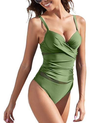 Yutdeng Traje de Baño Mujer Una Pieza Push Up Bañador Reductor Barriga Bañadores con Aros Vientre Plano Cintura con Malla Bañador Deportivo Mujer Bañadores Natacion Talla Grande,Verde,XL