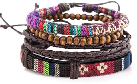 AKJAXQU Lot de 4 Bracelet surfeur set hommes et femmes, boho hippie, handmade bracelet cuir,accessoires de plage et de festival, cuir tressé