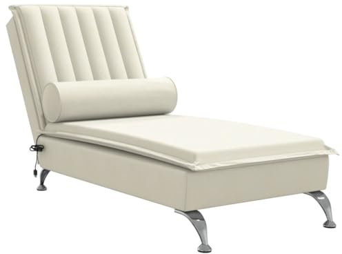 vidaXL Massage Chaiselongue mit Nackenrolle, Liegesessel mit Sperrholzlatten Metallbeine, Relaxliege für Wohnzimmer, Liegestuhl, Creme Samt