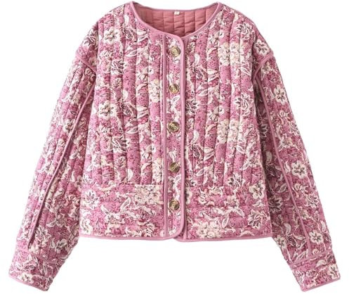 Veste Femme Doudoune Courte Cardigan à Imprimé Floral Vintage Veste Matelassée pour L'automne et l'hiver(S)