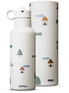 Blooom Isolierte Edelstahl-Wasserflasche für Kinder | Langlebig, auslaufsicher und einfach zu verwenden | Trinkflasche mit Strohhalm | Edelstahl Trinkflasche Kinder (Stadt, 475ml)